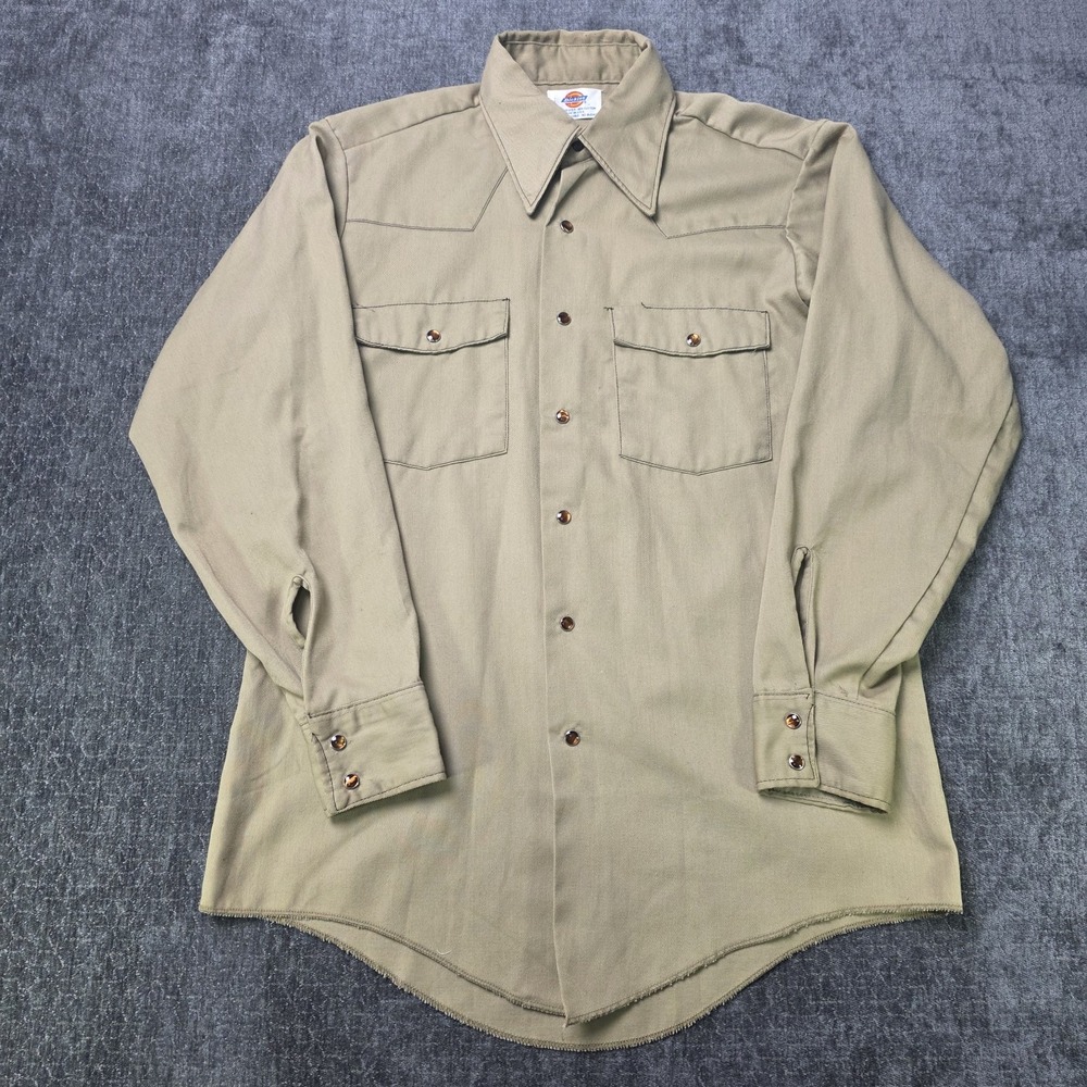 Vintage Dickies Western Shirt Meds Medium Beige Pearl Snap 70s USA Dagger Collar